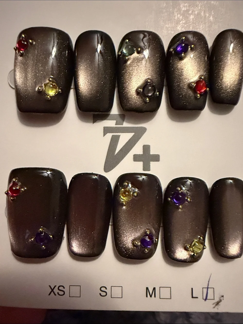 Cateye Charcoal handmade acrylic Press-On Nails with Multicolor Gems